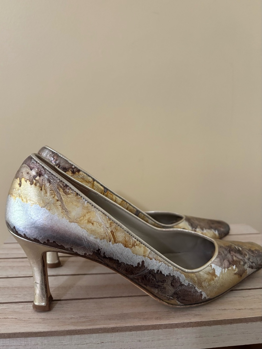 Roberto Capucci| Vintage Leather Gold Silver Foil Pointed 3” Dress Pumps Sz 7.5